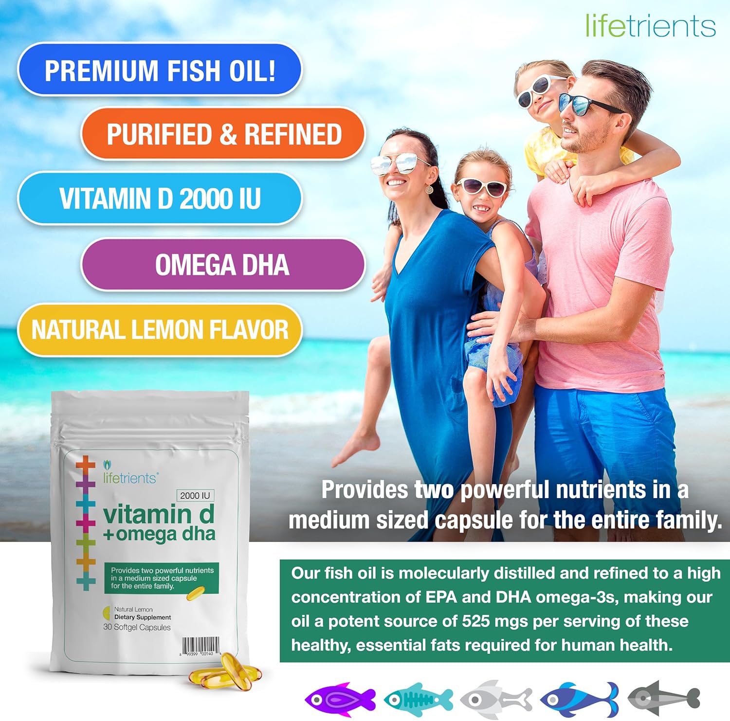 4-Pack Lifetrients Premium Omega-3 Fish Oil & Vitamin D3 Softgel Capsules - Zesty Lemon Flavor - Made in USA - Heart & Brain Health Support for Women and Men