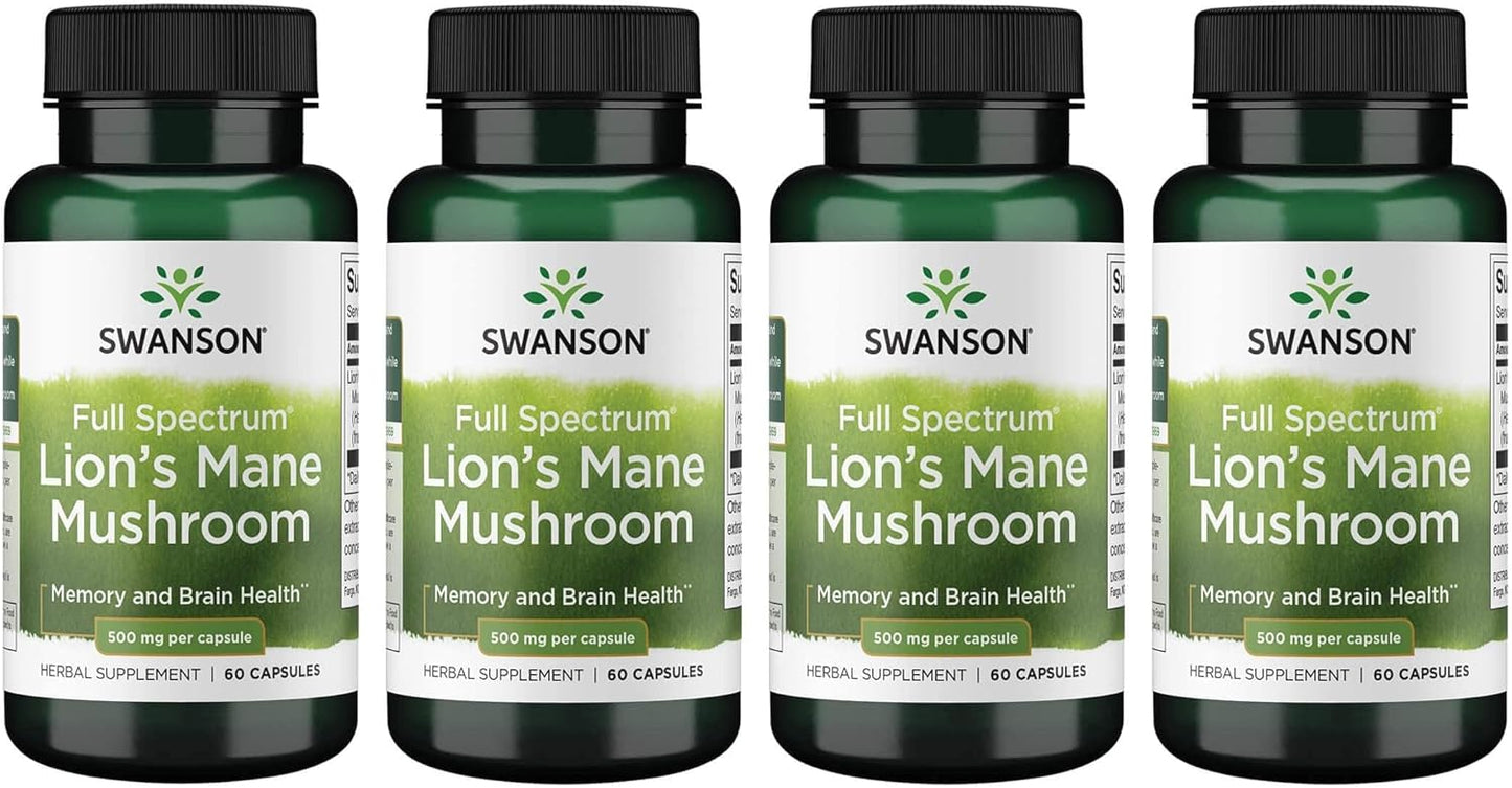 4 Pack Lion's Mane Mushroom Capsules - 500mg, 60 Capsules Each - Herbal Supplement for Cognitive Function