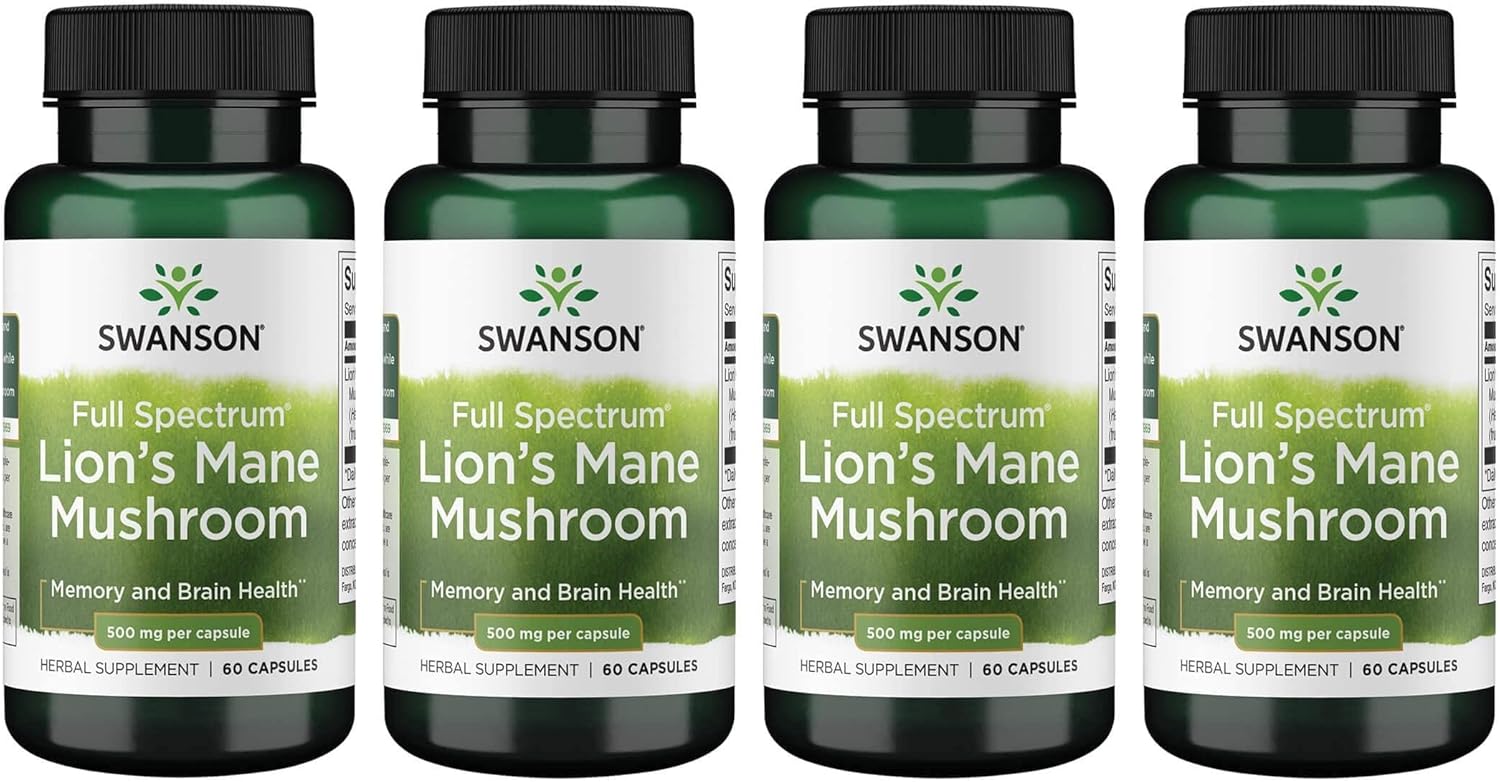 4 Pack Lion's Mane Mushroom Capsules - 500mg, 60 Capsules Each - Herbal Supplement for Cognitive Function