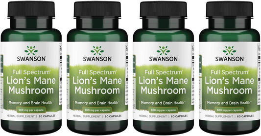 4 Pack Lion's Mane Mushroom Capsules - 500mg, 60 Capsules Each - Herbal Supplement for Cognitive Function