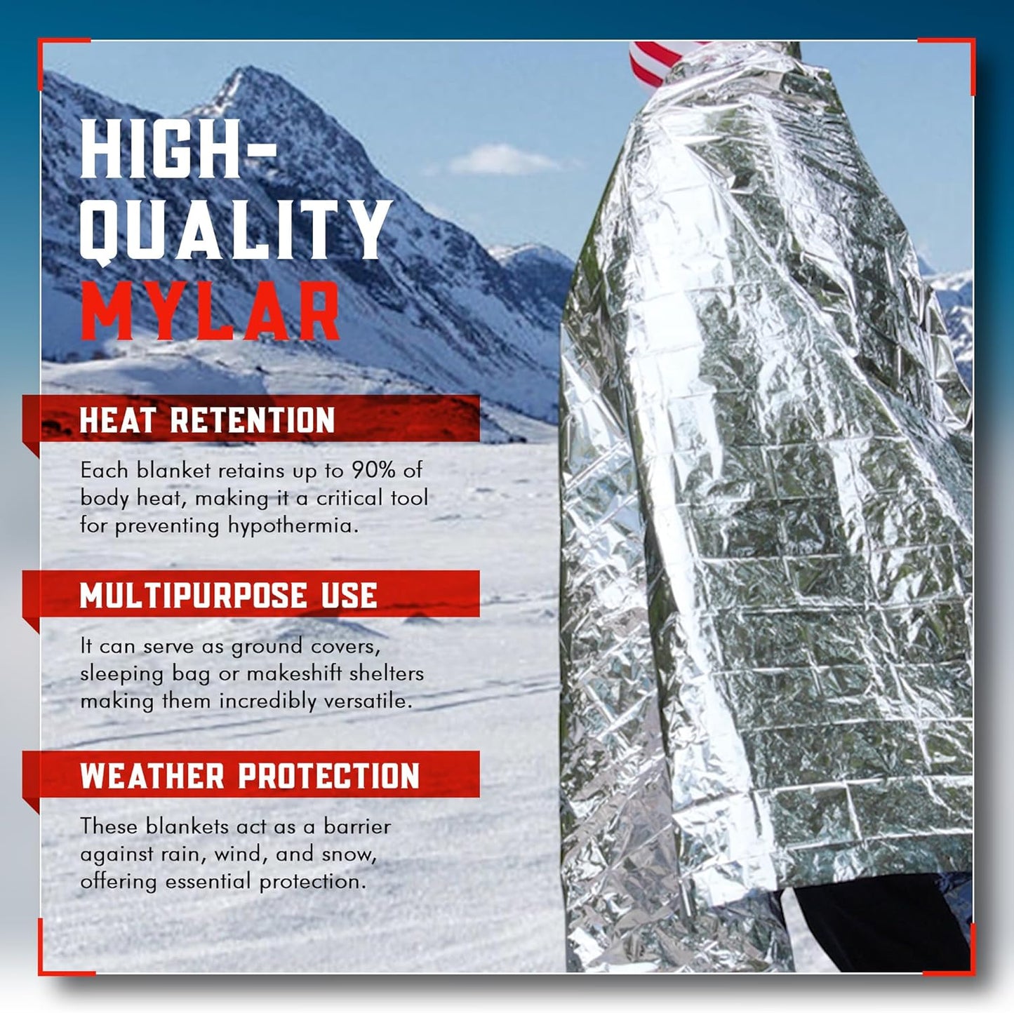 4-Pack Mart Cobra Emergency Blankets: Reusable Thermal Space Mylar Blankets for Camping, Car Emergency Kit, First Aid, Survival Gear, Prepper Bug Out Bag - Stay Warm in Cold Winter Snow!