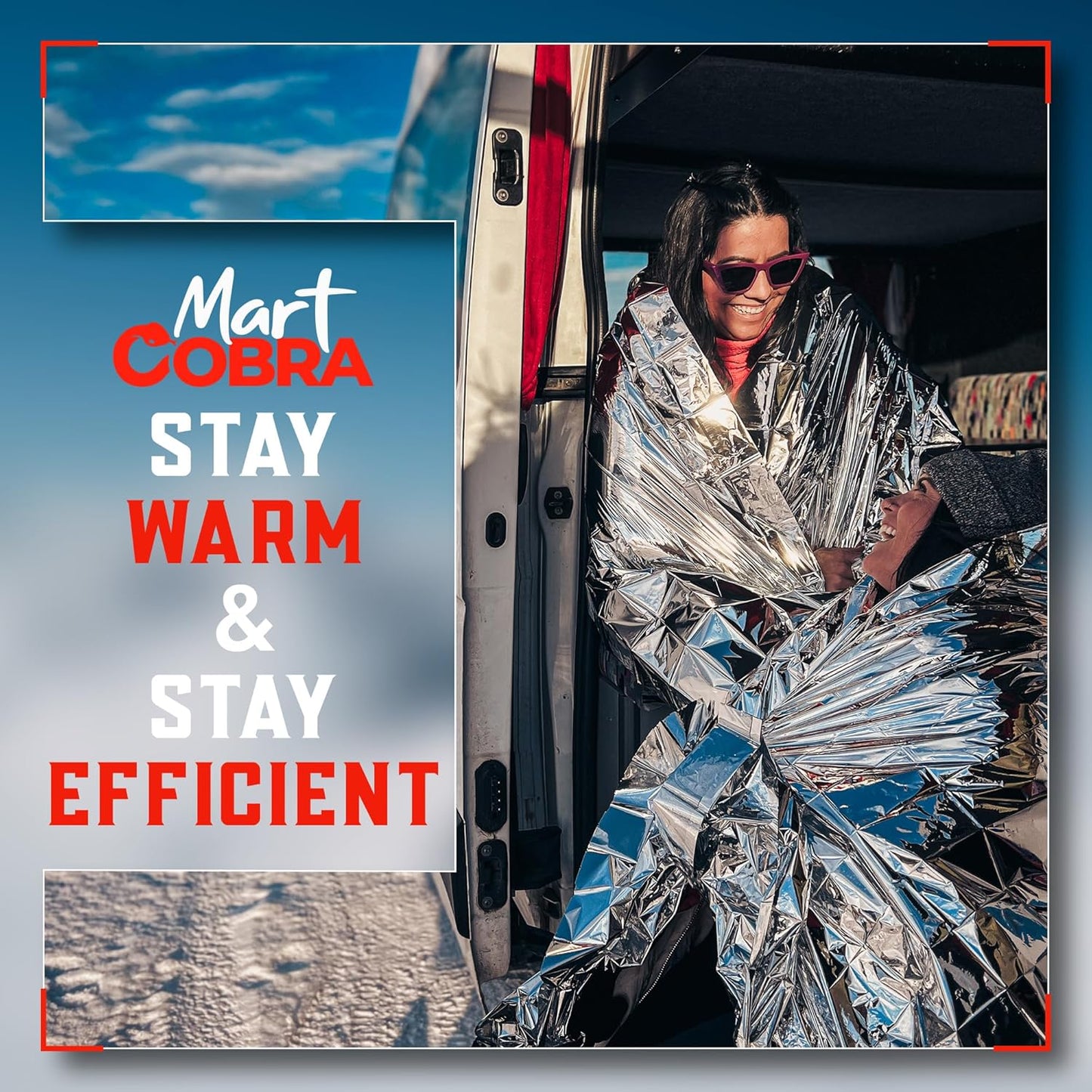 4-Pack Mart Cobra Emergency Blankets: Reusable Thermal Space Mylar Blankets for Camping, Car Emergency Kit, First Aid, Survival Gear, Prepper Bug Out Bag - Stay Warm in Cold Winter Snow!