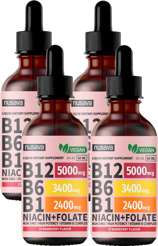 4 Pack NUSAVA Liquid Vitamin B12 and B6 Drops - Sublingual B Complex with Methylcobalamin for Energy, Brain, Heart Support - 27,200 mcg - Strawberry Flavor - 80 Servings