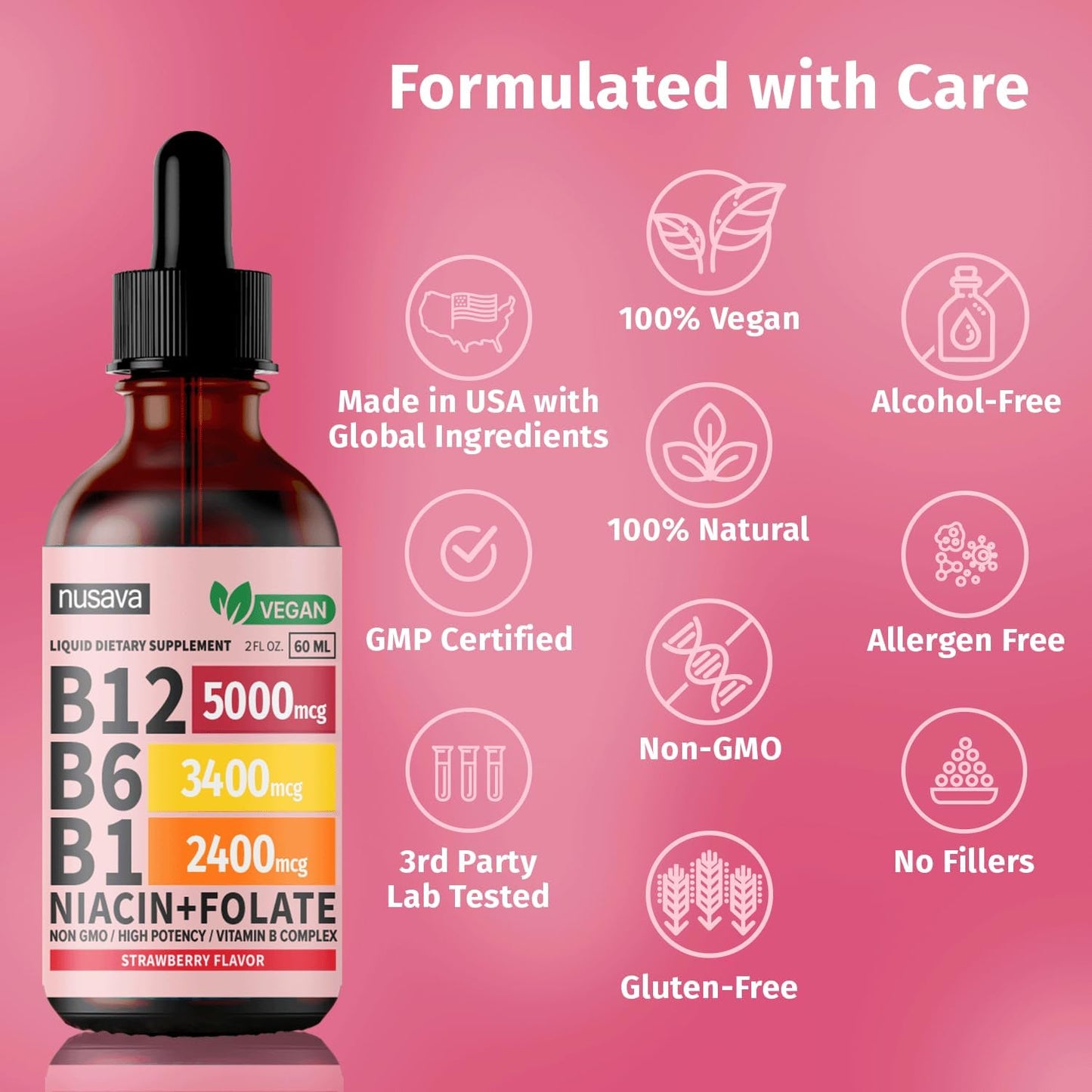 4 Pack NUSAVA Liquid Vitamin B12 and B6 Drops - Sublingual B Complex with Methylcobalamin for Energy, Brain, Heart Support - 27,200 mcg - Strawberry Flavor - 80 Servings