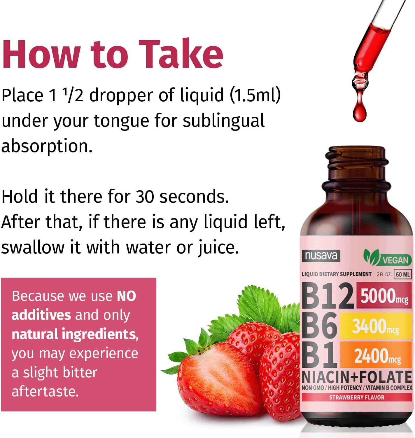 4 Pack NUSAVA Liquid Vitamin B12 and B6 Drops - Sublingual B Complex with Methylcobalamin for Energy, Brain, Heart Support - 27,200 mcg - Strawberry Flavor - 80 Servings