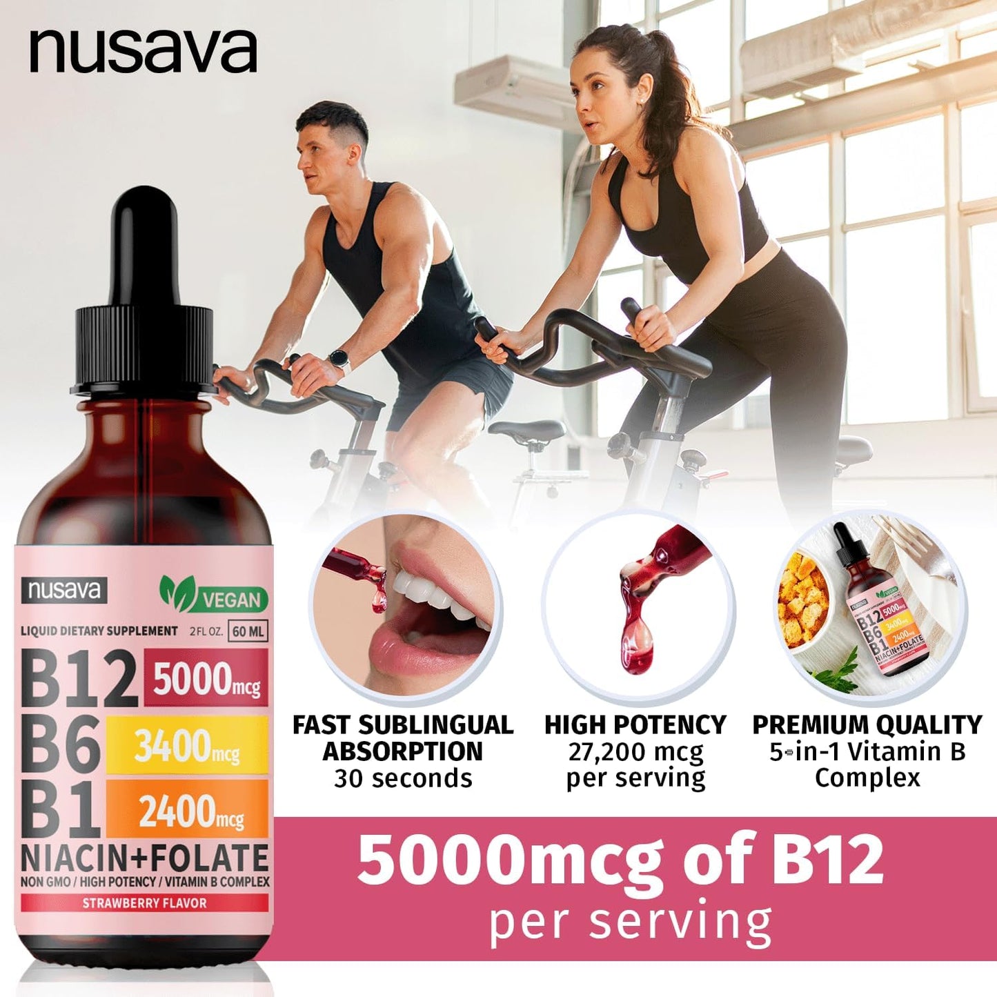 4 Pack NUSAVA Liquid Vitamin B12 and B6 Drops - Sublingual B Complex with Methylcobalamin for Energy, Brain, Heart Support - 27,200 mcg - Strawberry Flavor - 80 Servings