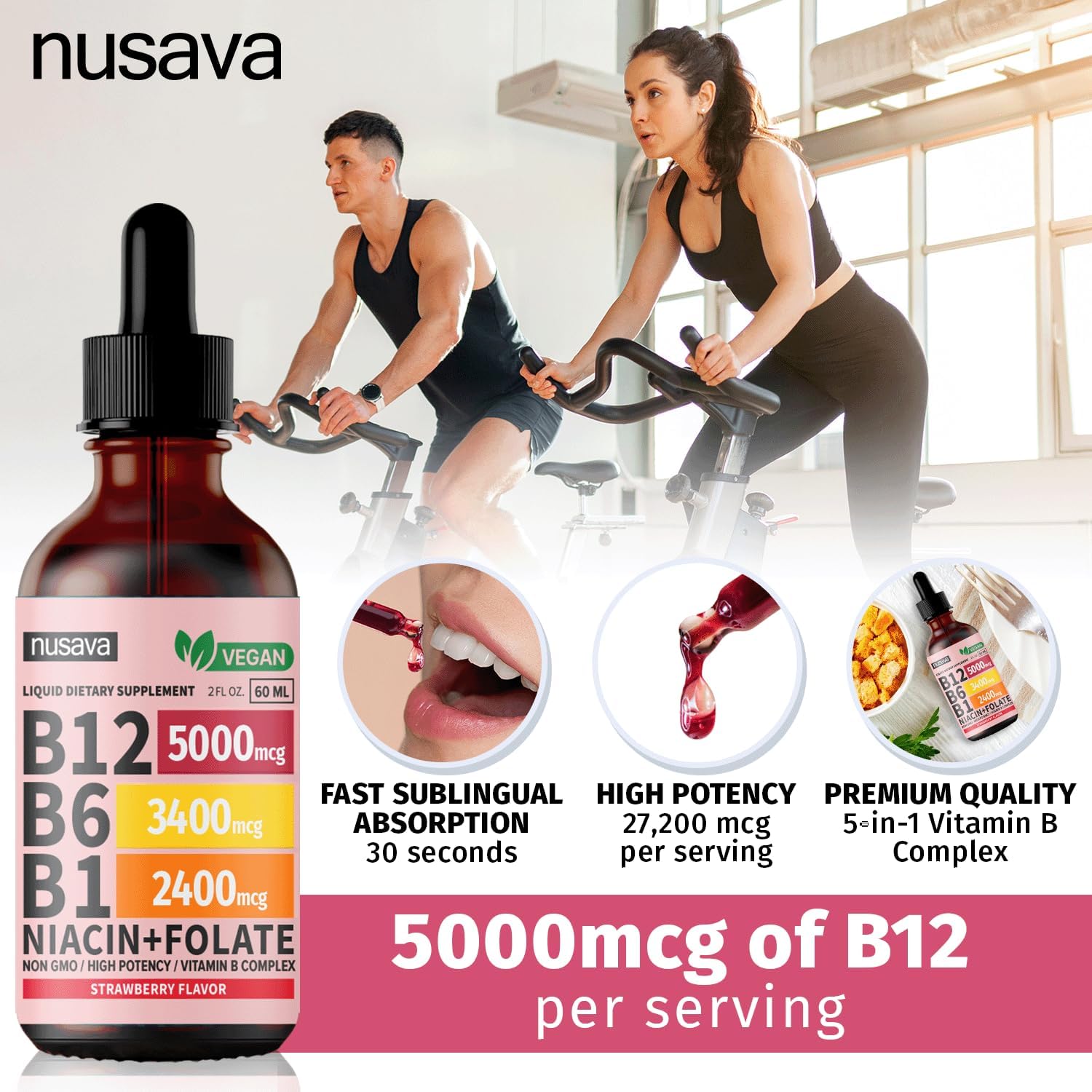 4 Pack NUSAVA Liquid Vitamin B12 and B6 Drops - Sublingual B Complex with Methylcobalamin for Energy, Brain, Heart Support - 27,200 mcg - Strawberry Flavor - 80 Servings