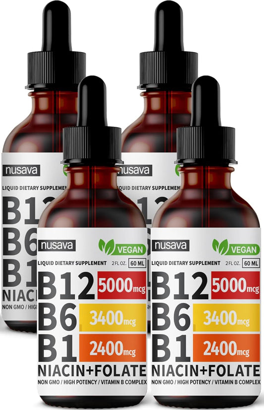 4 Pack NUSAVA Sublingual Vitamin B Complex B12 Methylcobalamin Liquid Drops for Energy, Brain, Heart Support - 27,200 mcg, 80 Servings