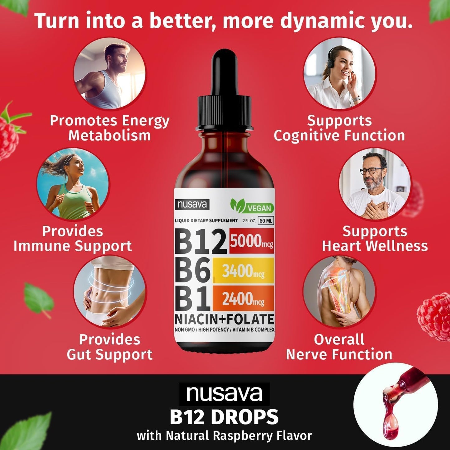 4 Pack NUSAVA Sublingual Vitamin B Complex B12 Methylcobalamin Liquid Drops for Energy, Brain, Heart Support - 27,200 mcg, 80 Servings