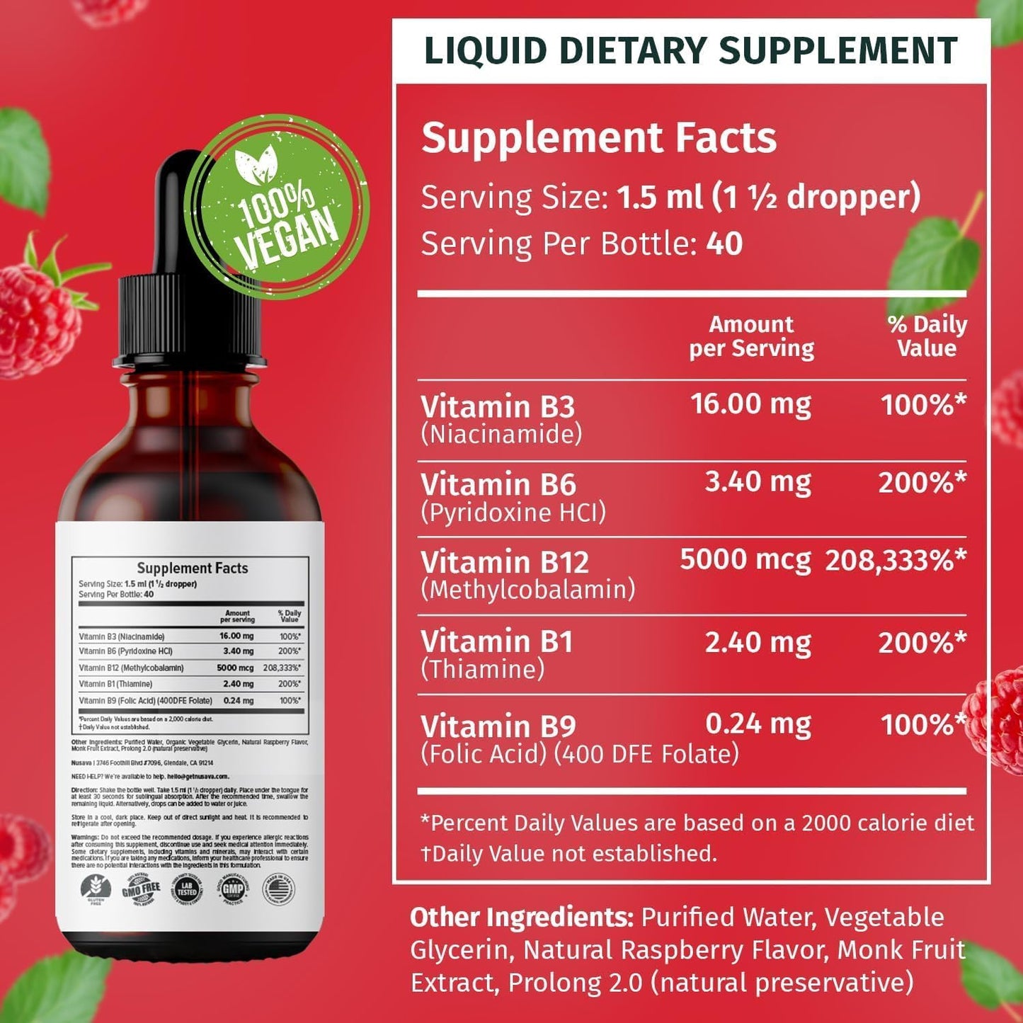 4 Pack NUSAVA Sublingual Vitamin B Complex B12 Methylcobalamin Liquid Drops for Energy, Brain, Heart Support - 27,200 mcg, 80 Servings