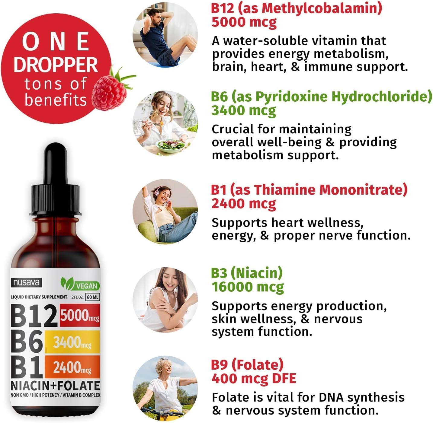 4 Pack NUSAVA Sublingual Vitamin B Complex B12 Methylcobalamin Liquid Drops for Energy, Brain, Heart Support - 27,200 mcg, 80 Servings