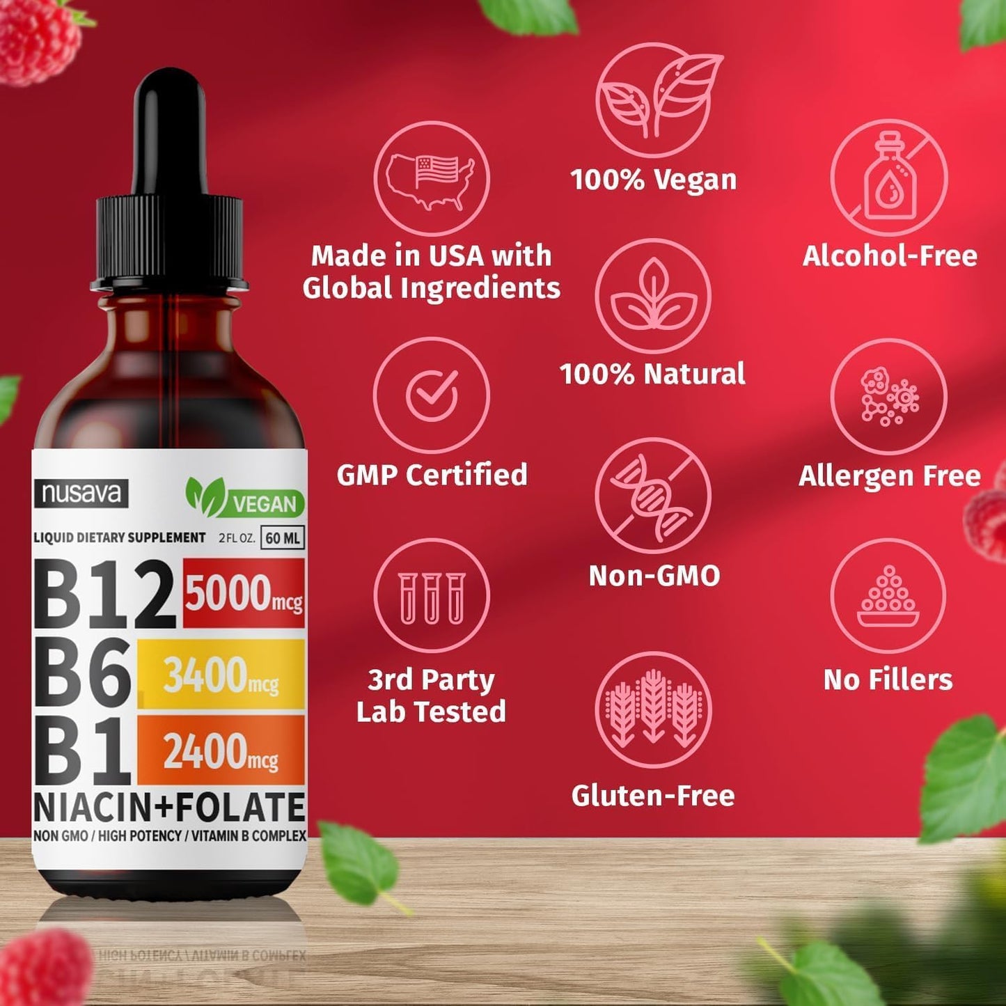 4 Pack NUSAVA Sublingual Vitamin B Complex B12 Methylcobalamin Liquid Drops for Energy, Brain, Heart Support - 27,200 mcg, 80 Servings
