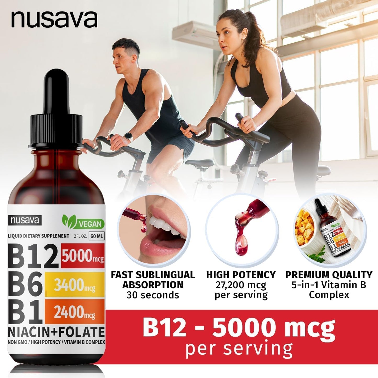 4 Pack NUSAVA Sublingual Vitamin B Complex B12 Methylcobalamin Liquid Drops for Energy, Brain, Heart Support - 27,200 mcg, 80 Servings