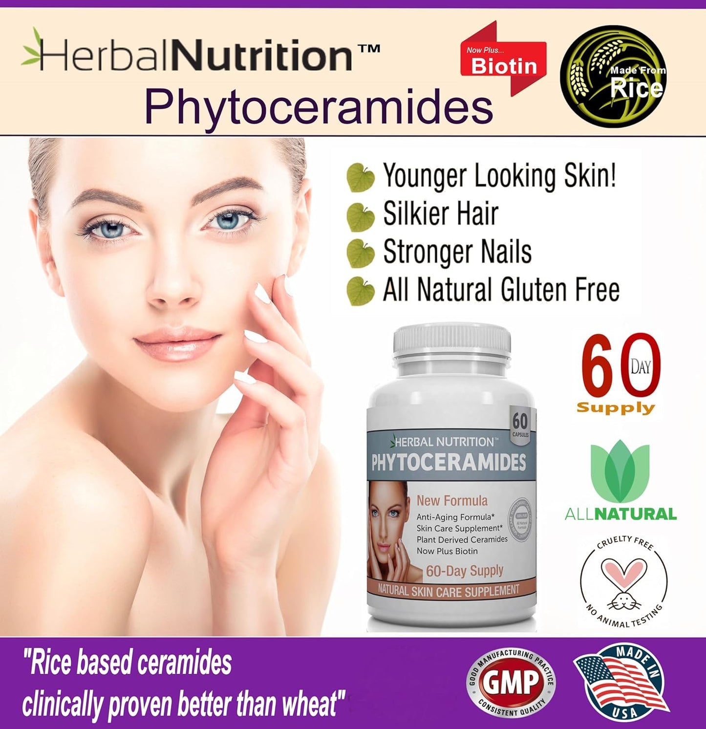 4 Pack of Herbal Nutrition Phytoceramides with Rice, Biotin, Vitamin A, C, D, and E - 40mg