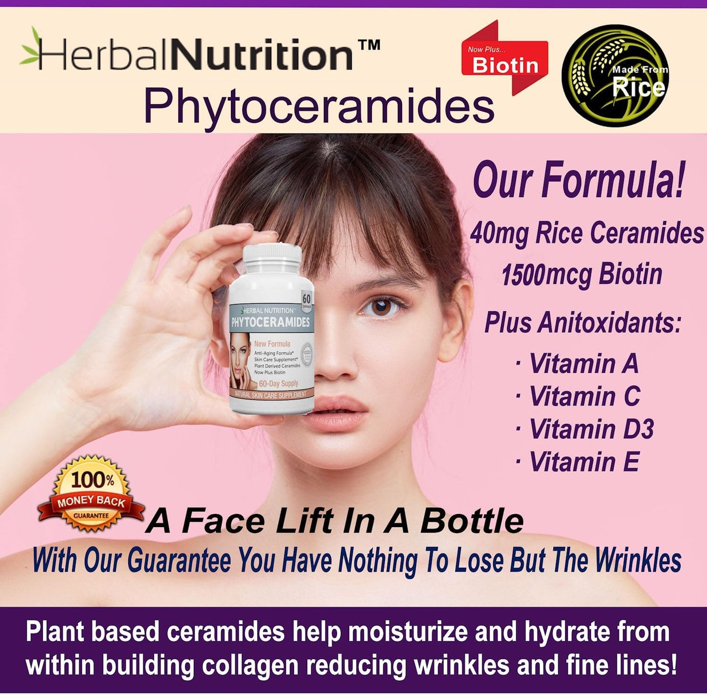 4 Pack of Herbal Nutrition Phytoceramides with Rice, Biotin, Vitamin A, C, D, and E - 40mg
