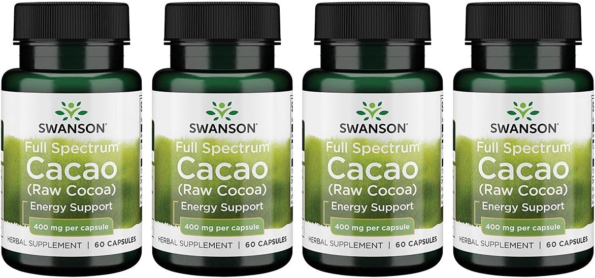4 Pack of Swanson Full Spectrum Cacao Herbal Supplements for Mild Energy Support - Whole Fruit Formula (60 Capsules, 400mg)