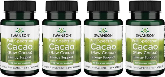 4 Pack of Swanson Full Spectrum Cacao Herbal Supplements for Mild Energy Support - Whole Fruit Formula (60 Capsules, 400mg)