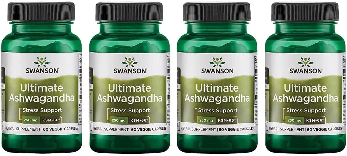 4 Pack of Swanson Ultimate Ashwagandha KSM-66 Herbal Supplement for Relaxation & Stress Support - Natural Formula with 60 Veggie Capsules, 250mg Each