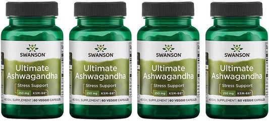 4 Pack of Swanson Ultimate Ashwagandha KSM-66 Herbal Supplement for Relaxation & Stress Support - Natural Formula with 60 Veggie Capsules, 250mg Each