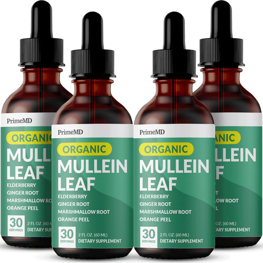 4-pack PrimeMD Mullein Lung Health Drops with Elderberry, Marshmallow, Ginger Root - 5-in-1 Respiratory Support Tincture - 120 Servings
