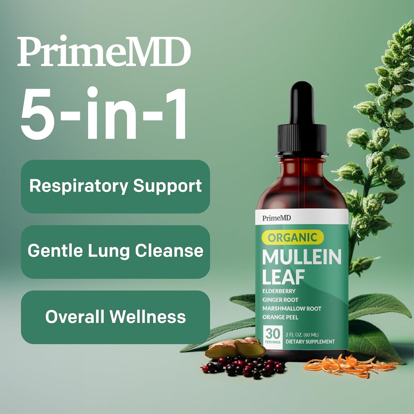 4-pack PrimeMD Mullein Lung Health Drops with Elderberry, Marshmallow, Ginger Root - 5-in-1 Respiratory Support Tincture - 120 Servings