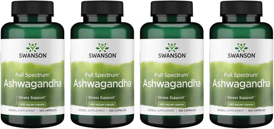 4 Pack Swanson Ashwagandha Root Supplement Capsules - 450mg for Stress Relief & Energy Support - Ayurvedic Wellness