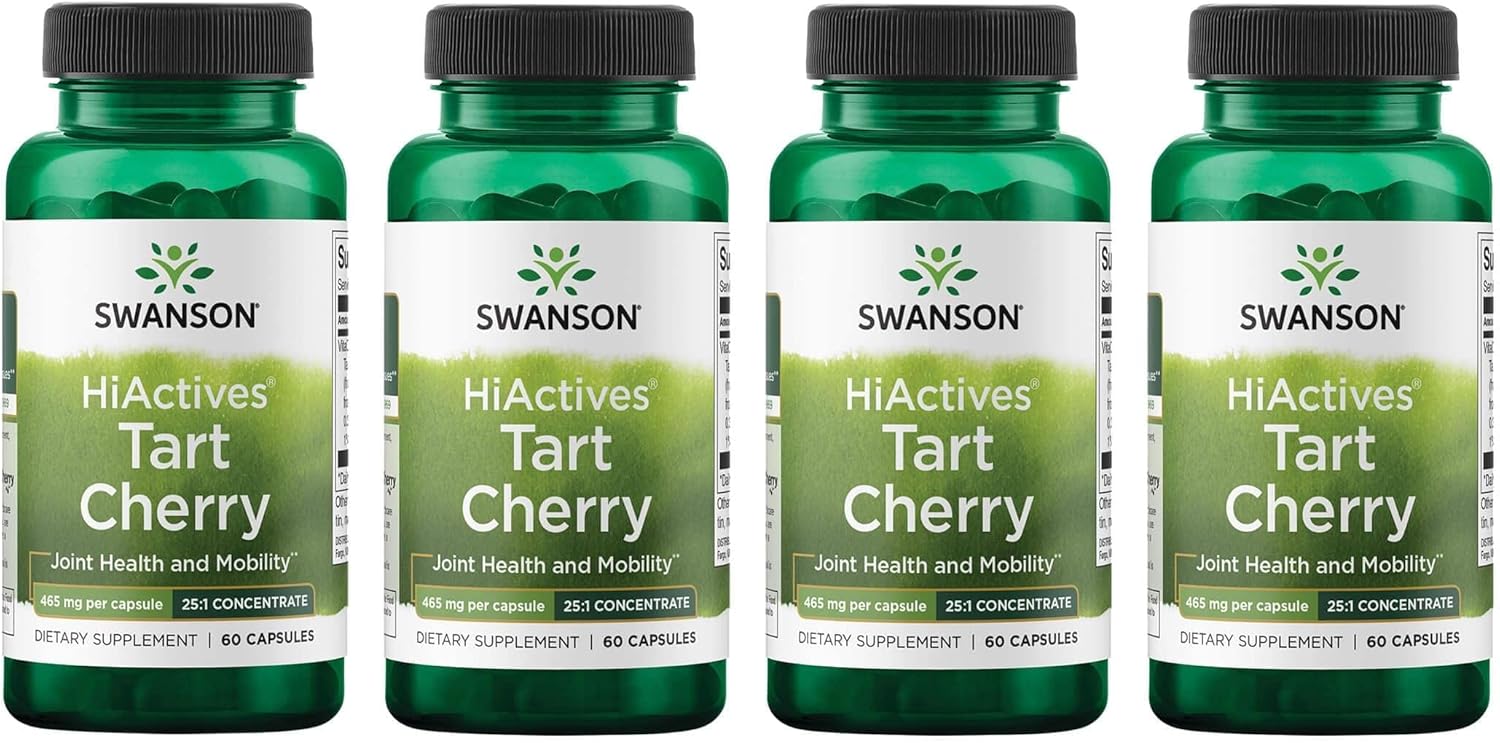 4 Pack Swanson HiActives Tart Cherry Capsules 465mg - Natural Joint Health Support Supplement - Promotes Mobility, Flexibility, Collagen & Connective Tissue Strength