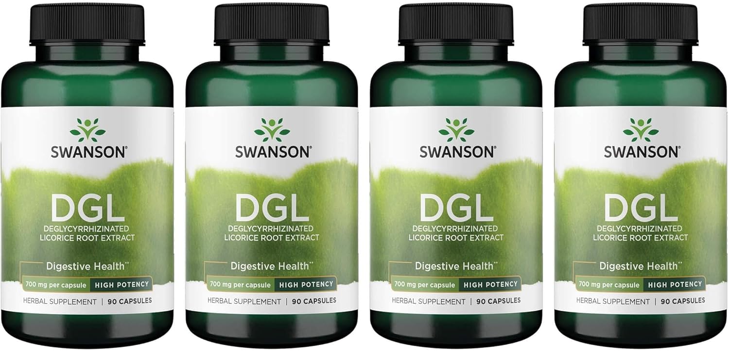 4 Pack Swanson High Potency DGL Licorice Root Extract Capsules - Natural Digestive Health & GI Tract Support - Stomach Soother Herbal Supplement
