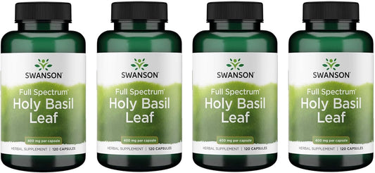 4 Pack Swanson Holy Basil Leaf (Tulsi) Stress Support Supplement - 120 Capsules, 800mg Per Serving - Well-Being Boost