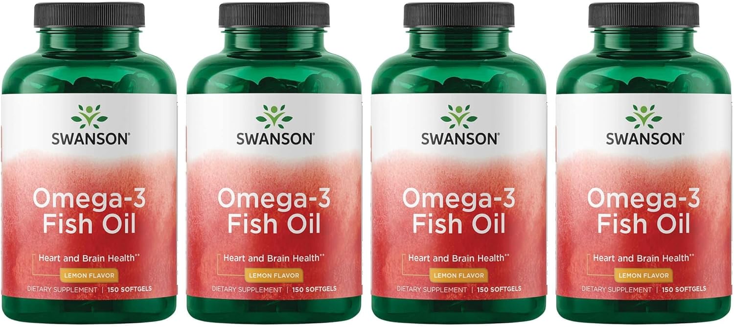 4-Pack Swanson Omega-3 Fish Oil Supplement with GMO-Free EFAs for Heart, Brain, and Joint Support - 150 Softgel Capsules, Lemon Flavor - 180mg EPA, 120mg DHA