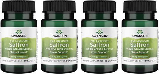 4 Pack Swanson Organic Spanish Saffron Herbal Supplement for Mood & Stress Support - 60 Veggie Capsules, 15mg - Full Spectrum Saffron Stigmas