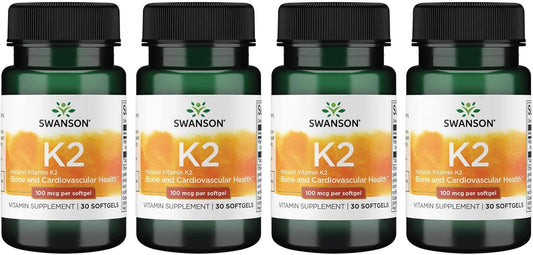 4 Pack Swanson Vitamin K2 (Menaquinone-7) Softgels - Supports Cardiovascular & Bone Health - Japanese Natto Source - 30 Softgels x 100mcg