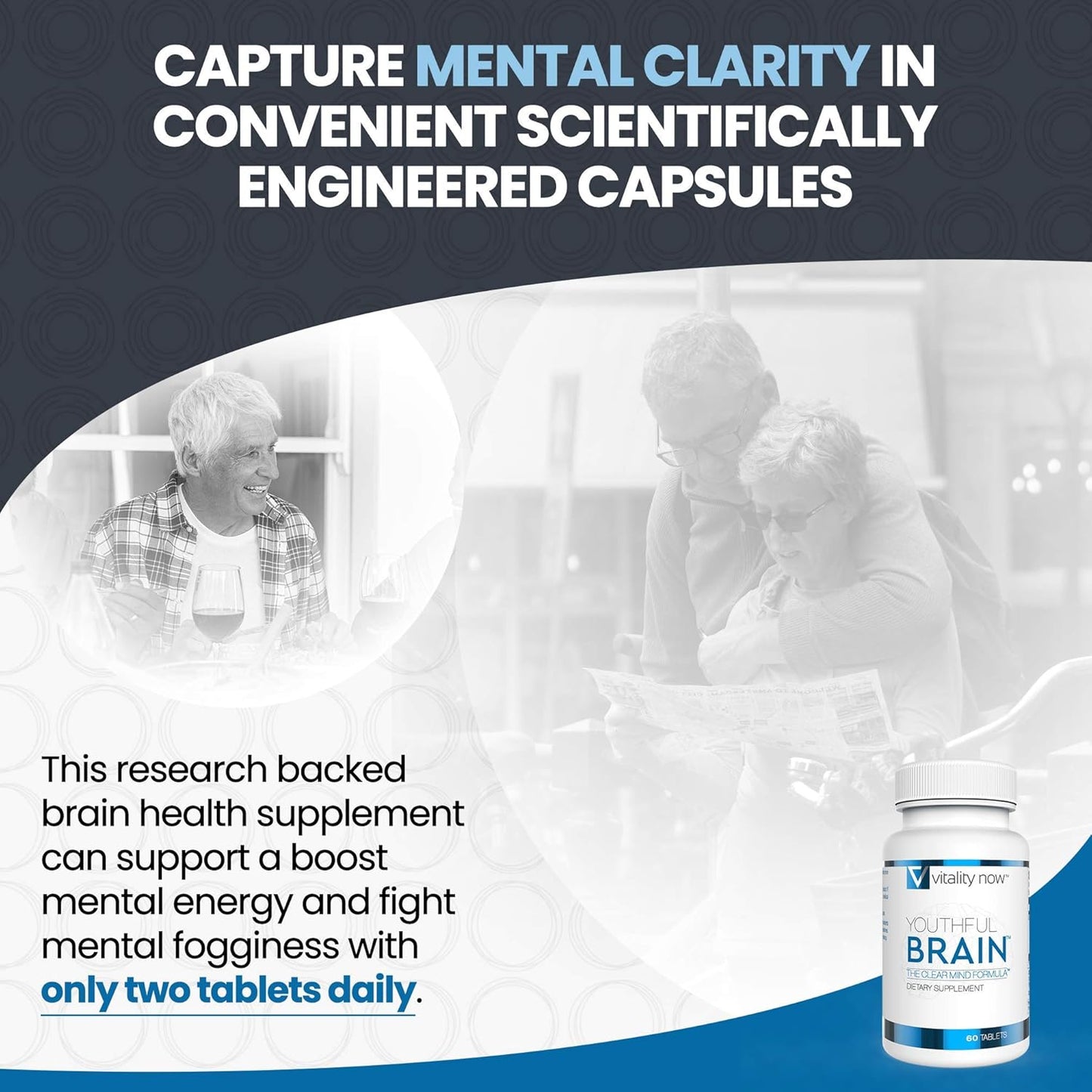 4-Pack Vitality Now Youthful Brain Memory & Brain Health Support Supplement - Bacopa Monnieri, Ginkgo Biloba, B12 - 240 Capsules for Brain Booster Clarity - 120-Day Supply