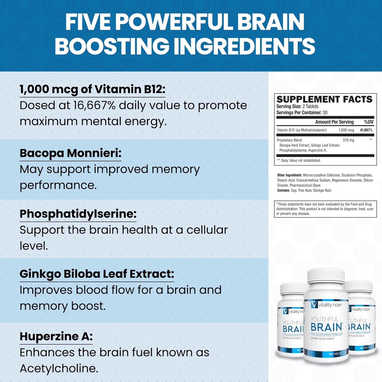 4-Pack Vitality Now Youthful Brain Memory & Brain Health Support Supplement - Bacopa Monnieri, Ginkgo Biloba, B12 - 240 Capsules for Brain Booster Clarity - 120-Day Supply