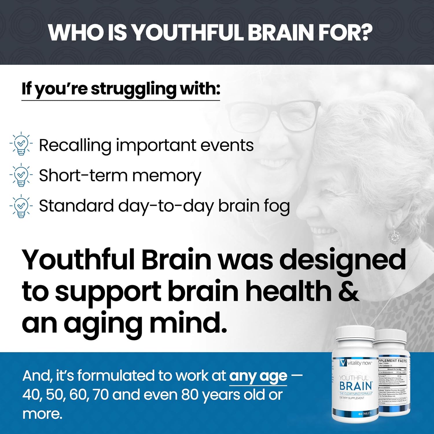 4-Pack Vitality Now Youthful Brain Memory & Brain Health Support Supplement - Bacopa Monnieri, Ginkgo Biloba, B12 - 240 Capsules for Brain Booster Clarity - 120-Day Supply