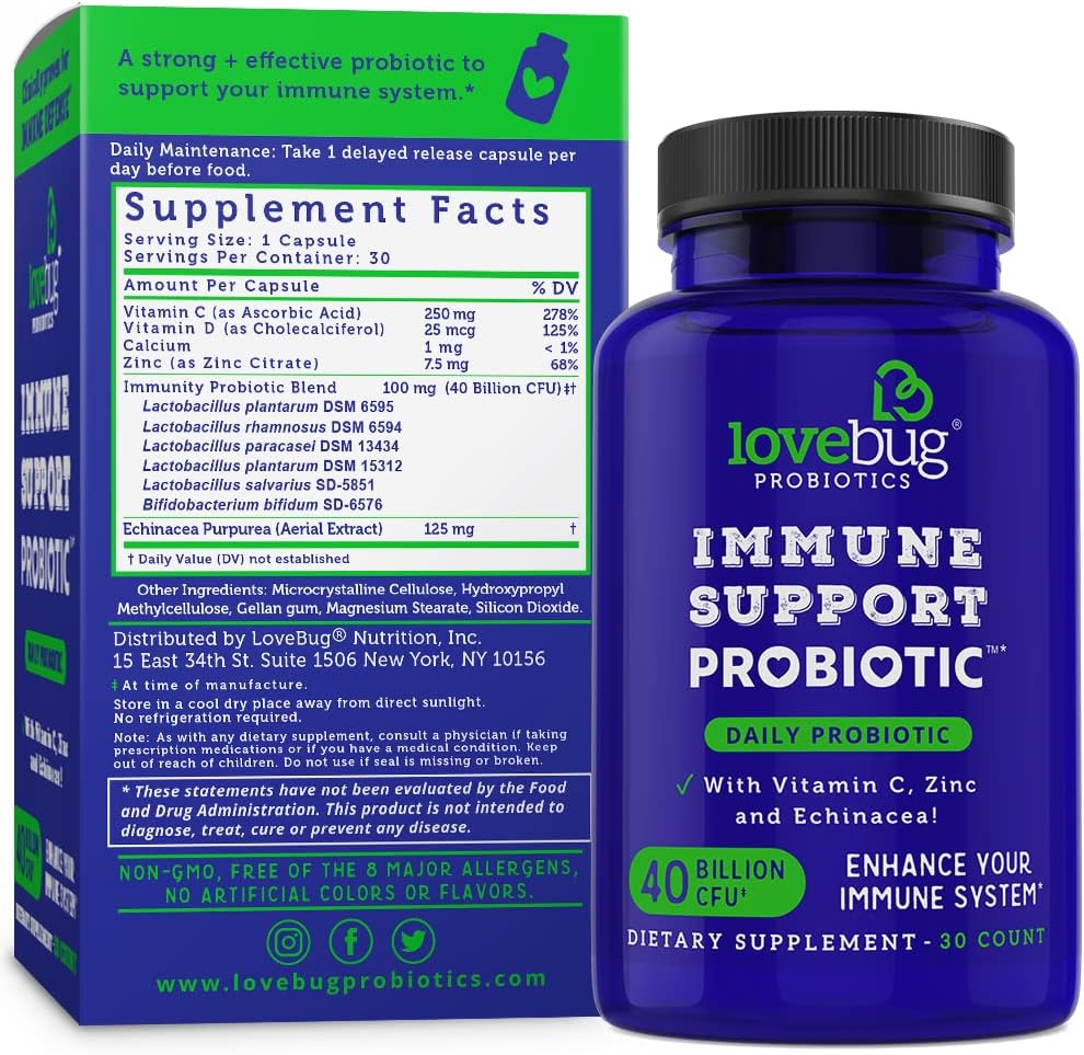 40 Billion CFU Probiotic with Vitamin C, Zinc, Echinacea - Immune Support for Men & Women - 30 Capsules
