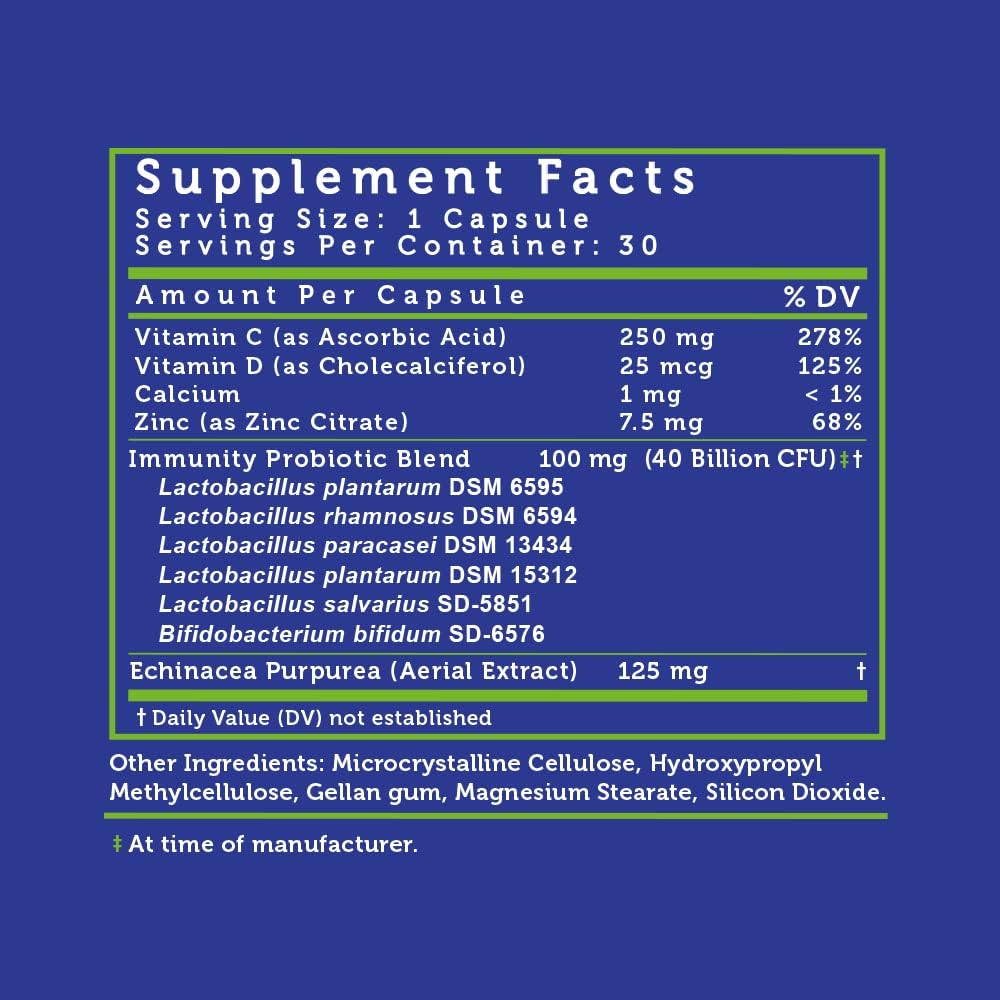 40 Billion CFU Probiotic with Vitamin C, Zinc, Echinacea - Immune Support for Men & Women - 30 Capsules