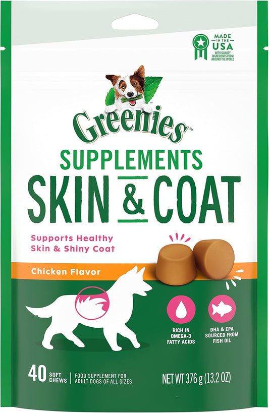 40 Count Greenies Chicken-Flavor Soft Chews Dog Skin & Coat Supplements With Fish Oil & Omega 3 Fatty Acids