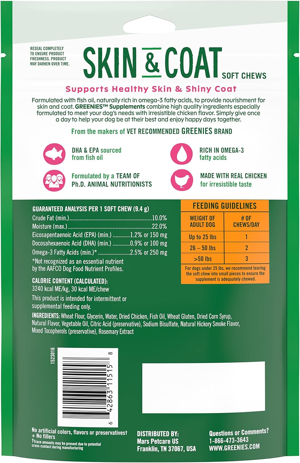 40 Count Greenies Chicken-Flavor Soft Chews Dog Skin & Coat Supplements With Fish Oil & Omega 3 Fatty Acids