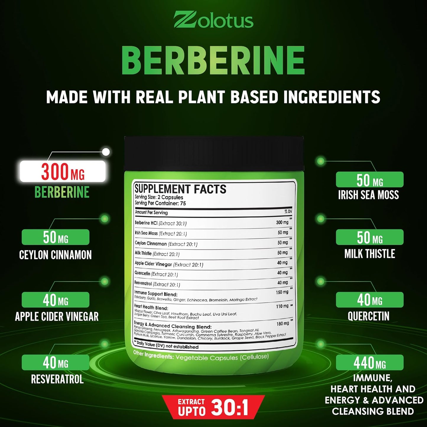 40-in-1 Berberine Supplement with Sea Moss, Cinnamon, Milk Thistle, Apple Cider Vinegar, Quercetin for Digestion, Immune System, Heart Health