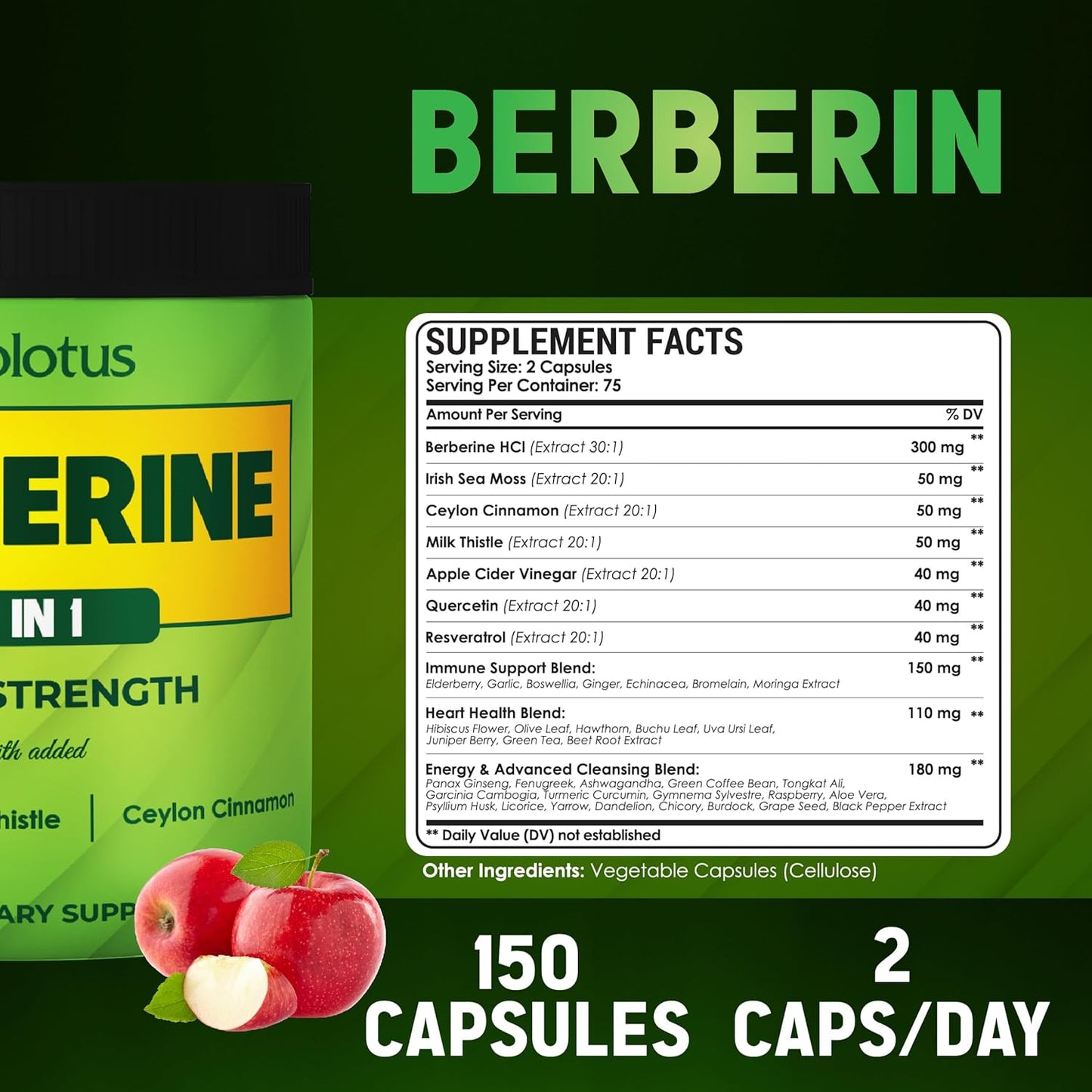 40-in-1 Berberine Supplement with Sea Moss, Cinnamon, Milk Thistle, Apple Cider Vinegar, Quercetin for Digestion, Immune System, Heart Health