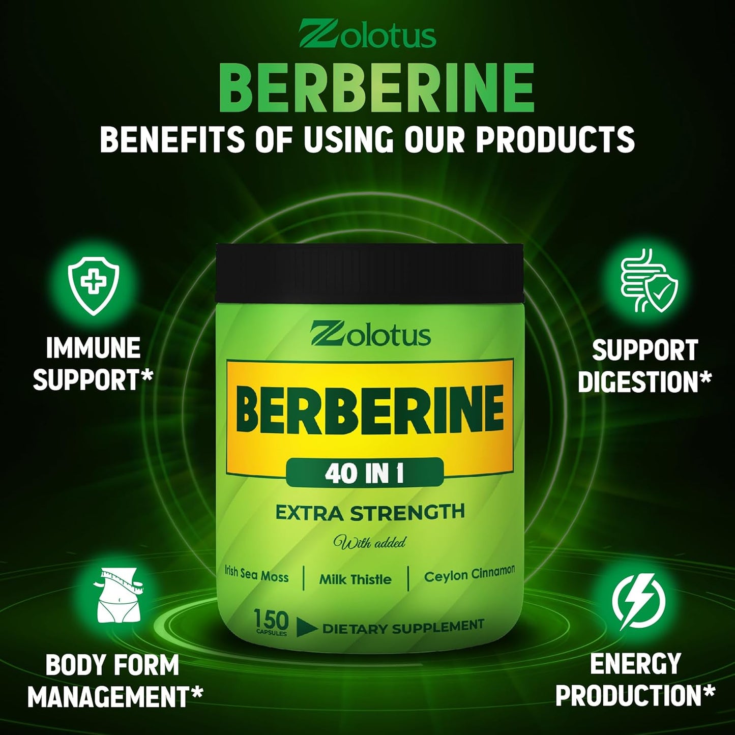 40-in-1 Berberine Supplement with Sea Moss, Cinnamon, Milk Thistle, Apple Cider Vinegar, Quercetin for Digestion, Immune System, Heart Health
