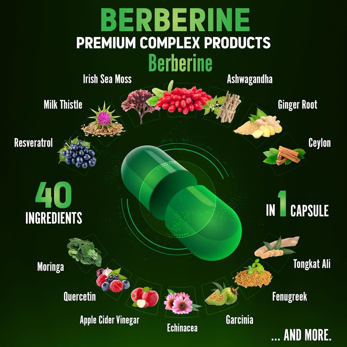 40-in-1 Berberine Supplement with Sea Moss, Cinnamon, Milk Thistle, Apple Cider Vinegar, Quercetin for Digestion, Immune System, Heart Health