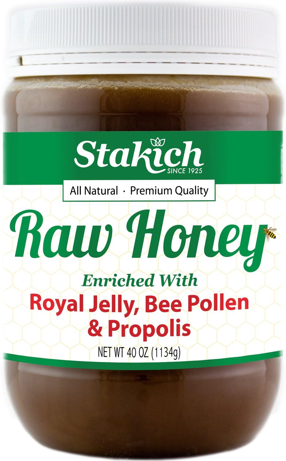 40 Ounce Stakich Royal Jelly, Bee Pollen, Propolis Raw Honey - Pure, Unprocessed, Unheated