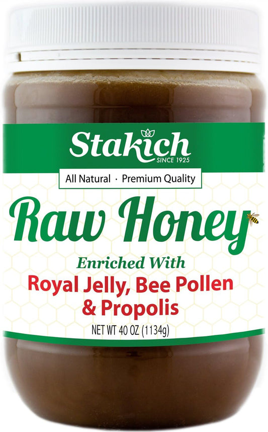 40 Ounce Stakich Royal Jelly, Bee Pollen, Propolis Raw Honey - Pure, Unprocessed, Unheated