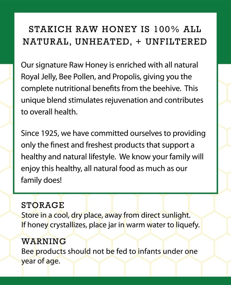 40 Ounce Stakich Royal Jelly, Bee Pollen, Propolis Raw Honey - Pure, Unprocessed, Unheated