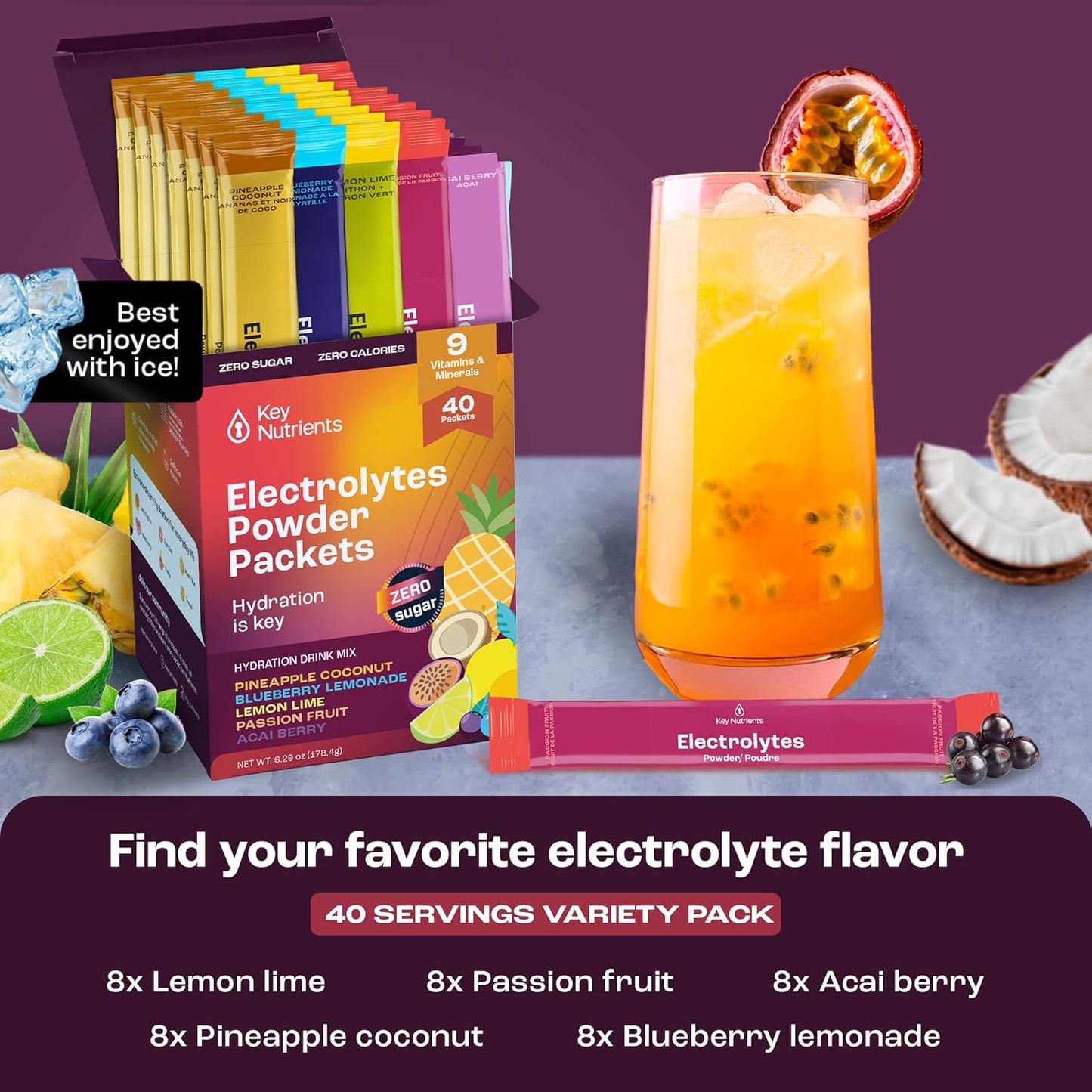 40 Pack of Gluten-Free Electrolytes Powder Packets with No Sugar - 5 Delicious Flavors for Hydration