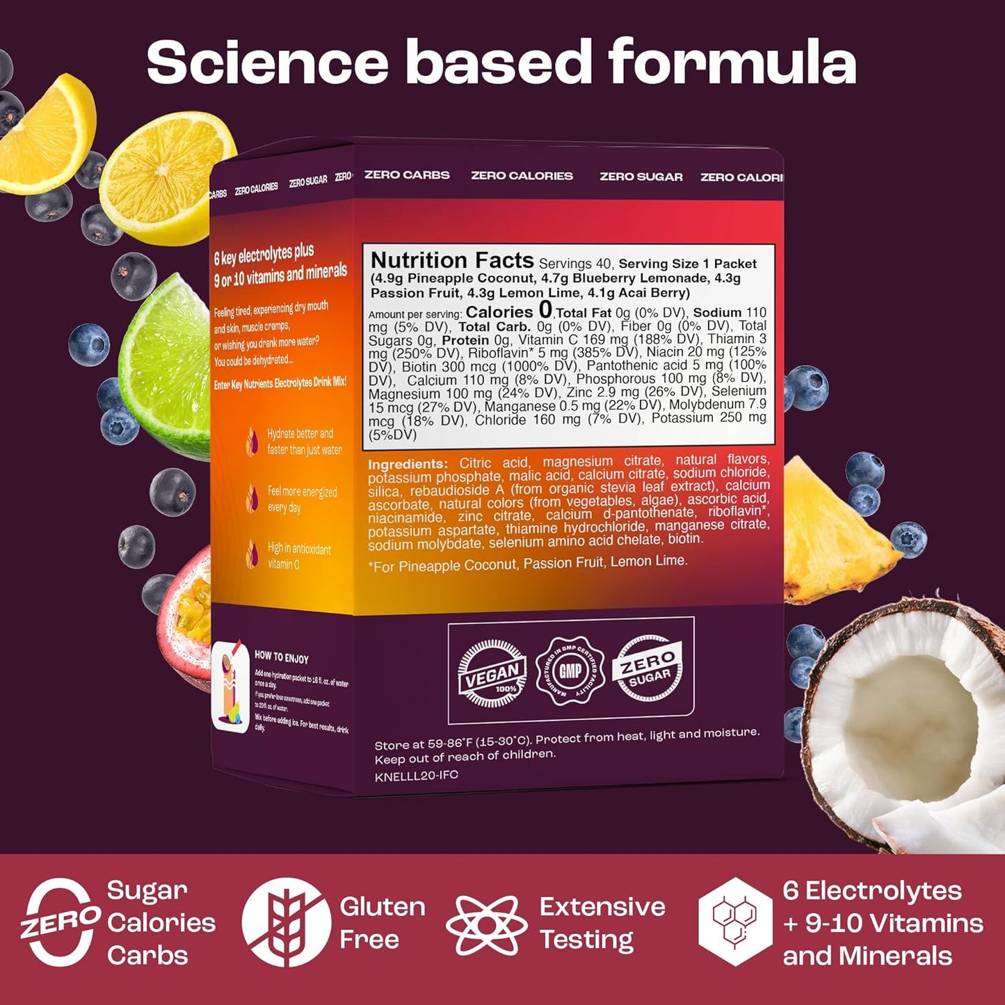 40 Pack of Gluten-Free Electrolytes Powder Packets with No Sugar - 5 Delicious Flavors for Hydration