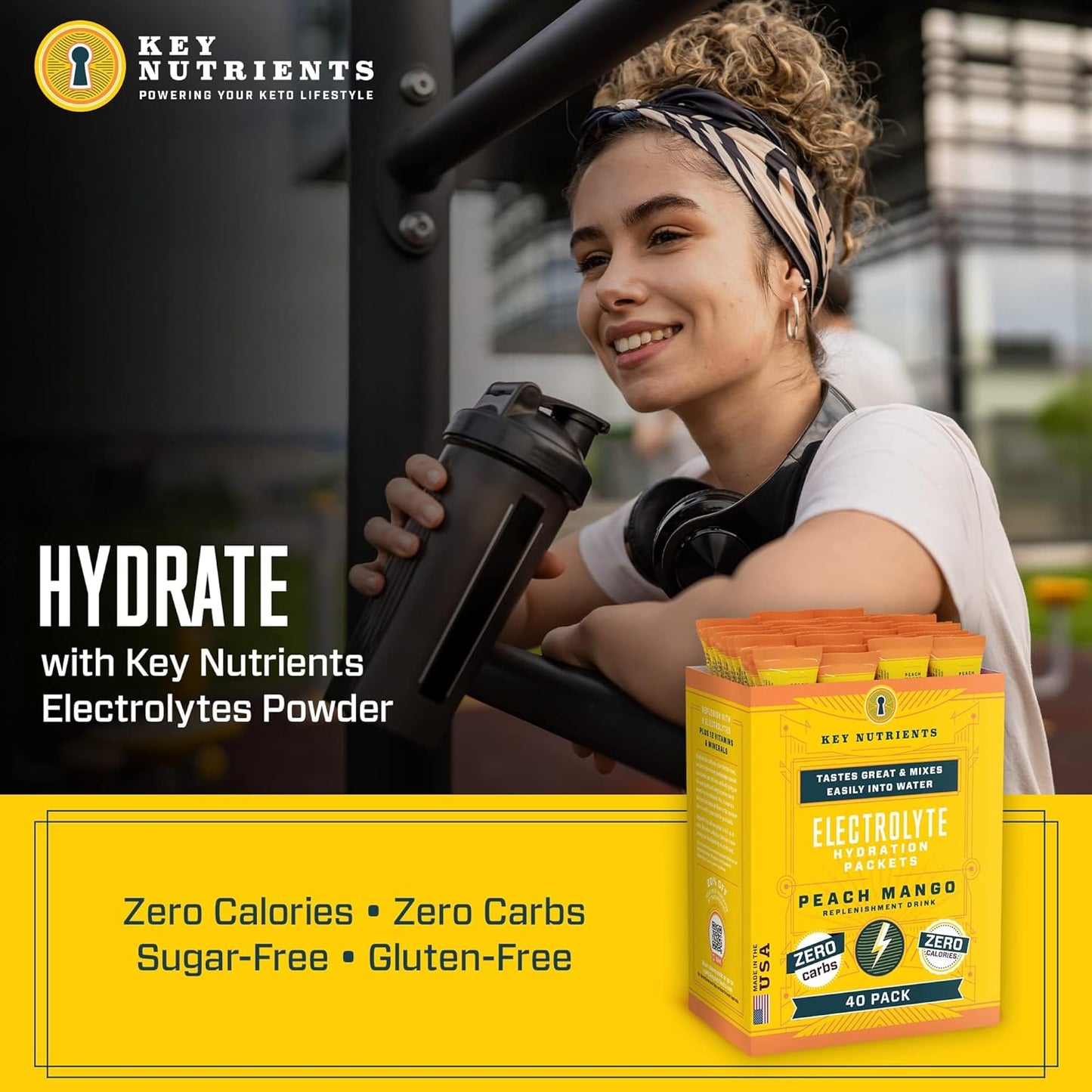 40 Pack Tropical Peach Mango Electrolyte Powder Packets - Key Nutrients Multivitamin Post Workout Recovery Hydration - Sugar-Free, Calorie-Free Travel Powder