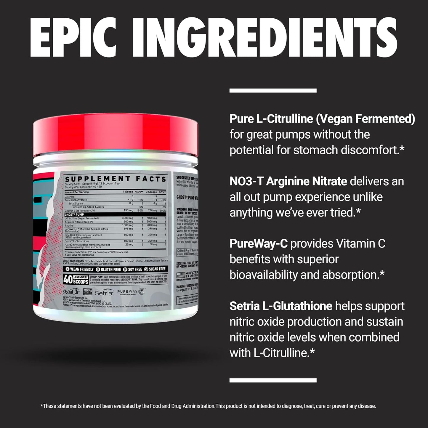 40 Servings GHOST Pump Nitric Oxide Powder, Peach Flavor - Sugar-Free & Stim-Free Pre-Workout Supplement with L-Citrulline, Arginine Nitrate, and L-Glutathione - Vegan, Soy & Gluten-Free